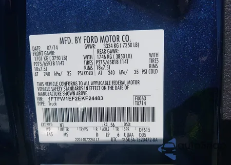 2014 Ford F-150 Xlt из США, поврежденный, VIN 1FTFW1EF2EKF24483